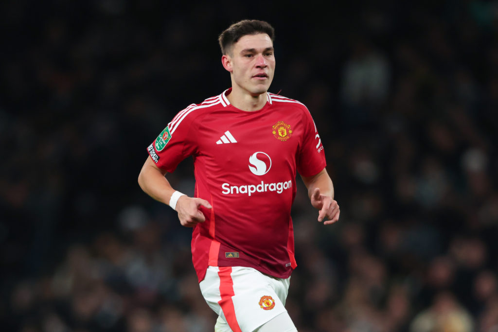 Manuel Ugarte playing in midfield for Manchester United against Tottenham