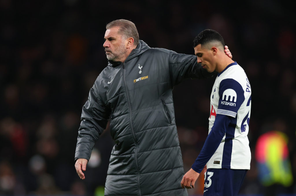 Ange Postecoglou and Pedro Porro after Tottenham Hotspur FC v Liverpool FC - Premier League