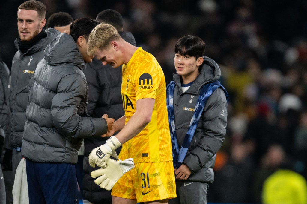 Son Heung-min, Antonin Kinsky and Yang Min-hyeok of Tottenham Hotspur FC during the Carabao Cup Semi Final First Leg match between Tottenham Hotspu...