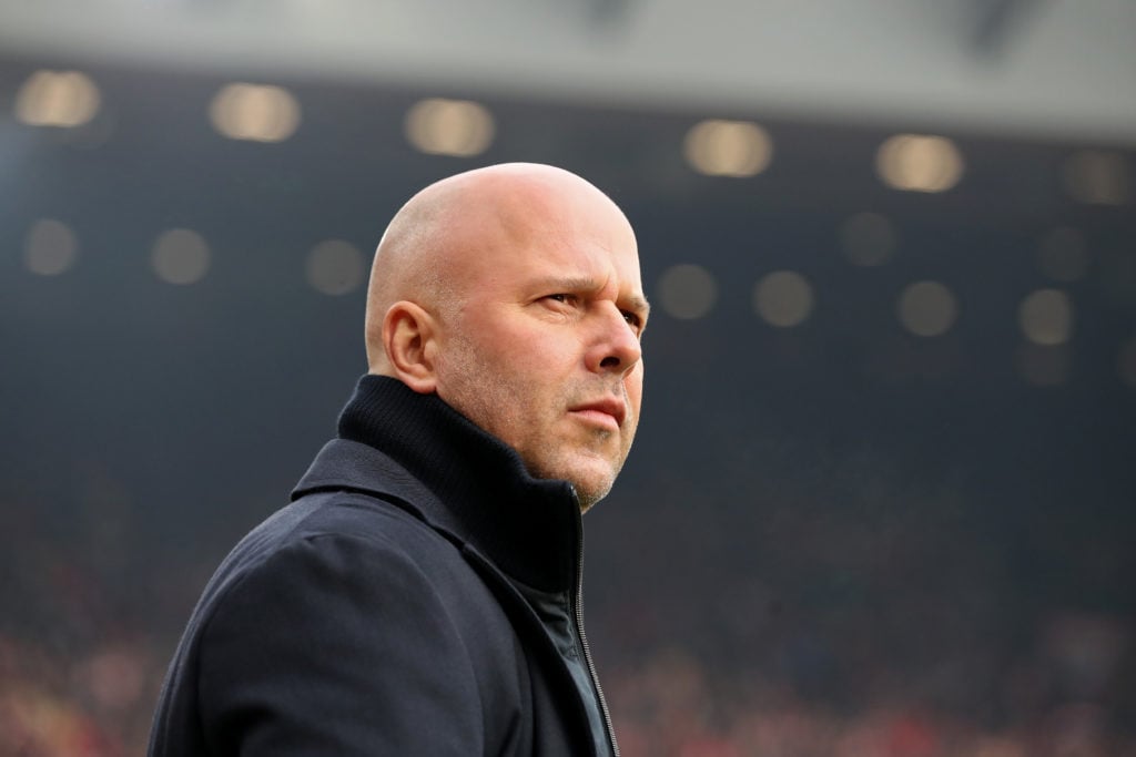 Arne Slot, Manager of Liverpool, looks on prior to the Emirates FA Cup Third Round match between Liverpool and Accrington Stanley at Anfield on Jan...