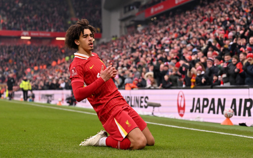 Jayden Danns celebrates during a Liverpool FA Cup match.