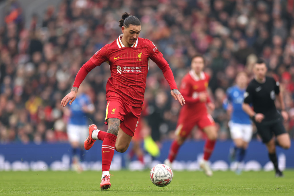 Darwin Nunez of Liverpool controls the ball during the Emirates FA Cup Third Round match between Liverpool and Accrington Stanley at Anfield on Jan...