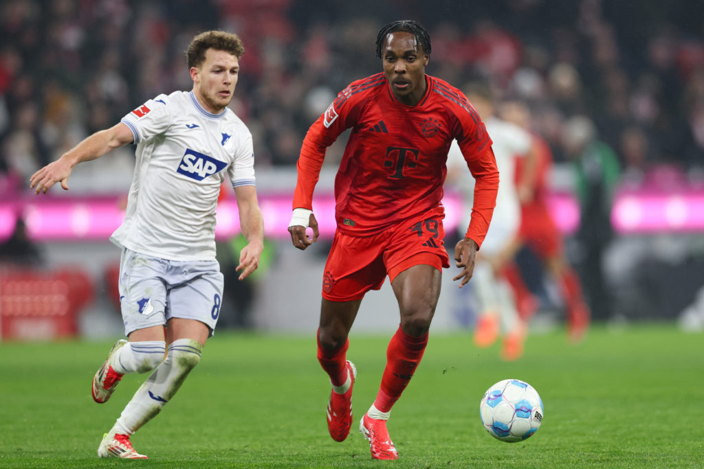 Dennis Geiger of TSG Hoffenheim (L) and Mathys Tel of Bayern