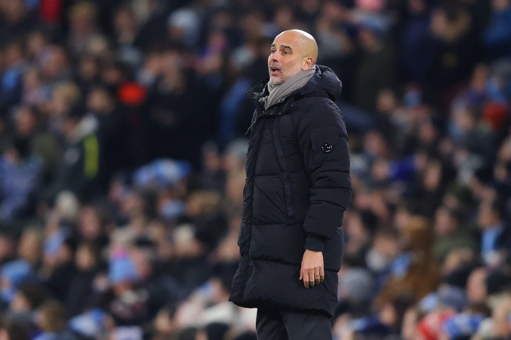 Josep 'Pep' Guardiola, manager of Manchester City,  during the Emirates FA Cup Third Round match between Manchester City and Salford City at Etihad...