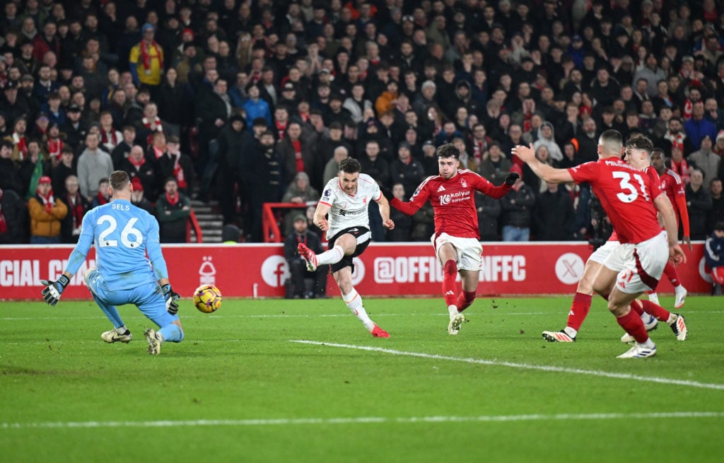 Matz Sels of Nottingham Forest saves the shot of Diogo Jota of Liverpool during the Premier League match between Nottingham Forest FC and Liverpool...