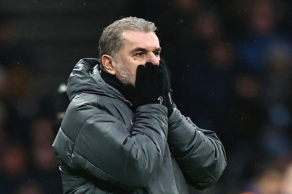 Tottenham Hotspur's Greek-Australian Head Coach Ange Postecoglou reacts on the touchline during the English Premier League football match between T...