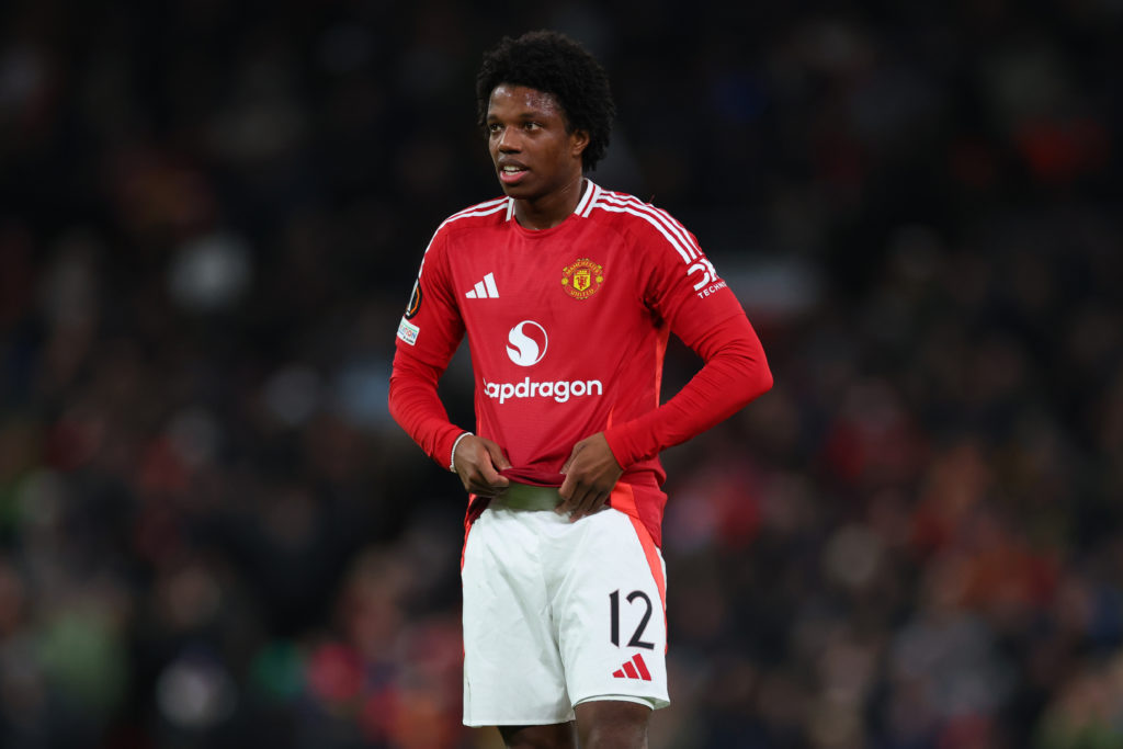 Tyrell Malacia of Manchester United during the UEFA Europa League 2024/25 League Phase MD7 match between Manchester United and Rangers FC at Old Trafford on January 23, 2025
