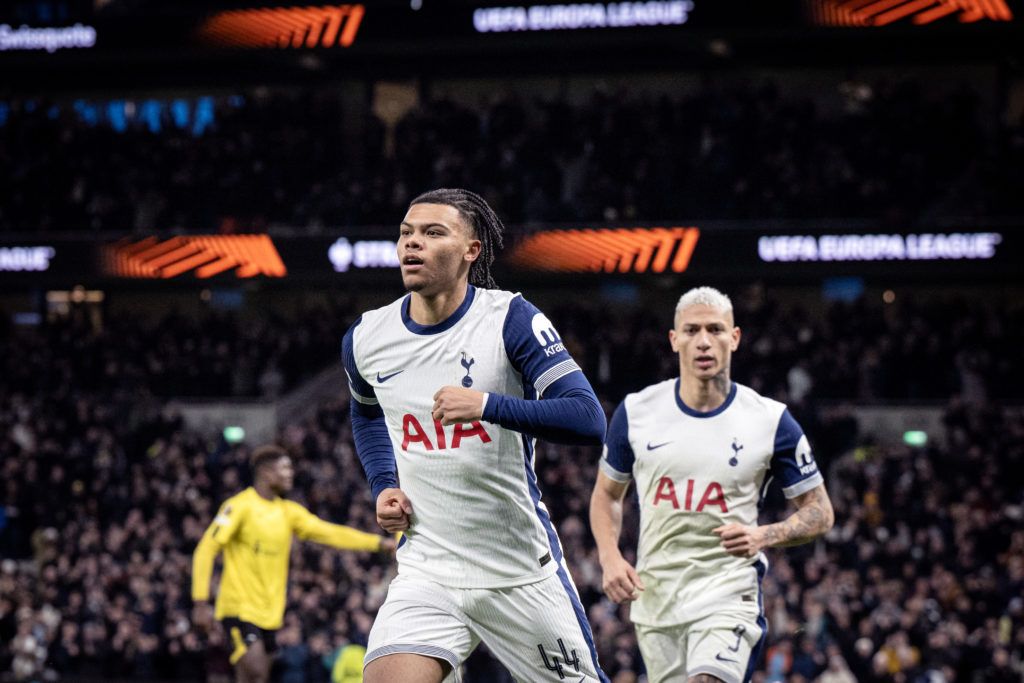 Dane Scarlett of Tottenham Hotspur celebrates after scoring a goal (1-0) during the UEFA Europa League 2024/25 League Phase MD8 match between Totte...