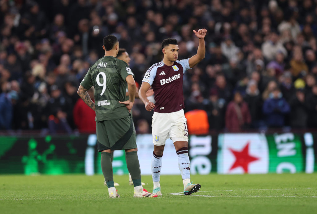 Ollie Watkins of Aston Villa celebrates scoring his team's third goal during the UEFA Champions League 2024/25 League Phase MD8 match between Aston...