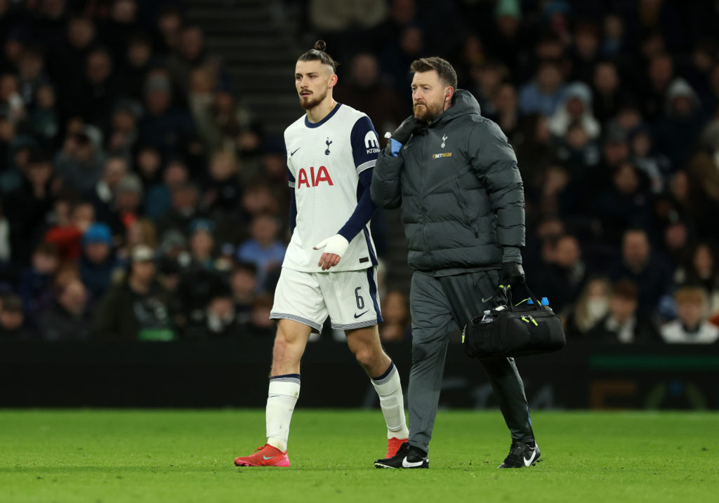 Radu Dragusin goes off injured during Tottenham Hotspur vs IF Elfsborg in the UEFA Europa League. 2024/25 League Phase MD8
