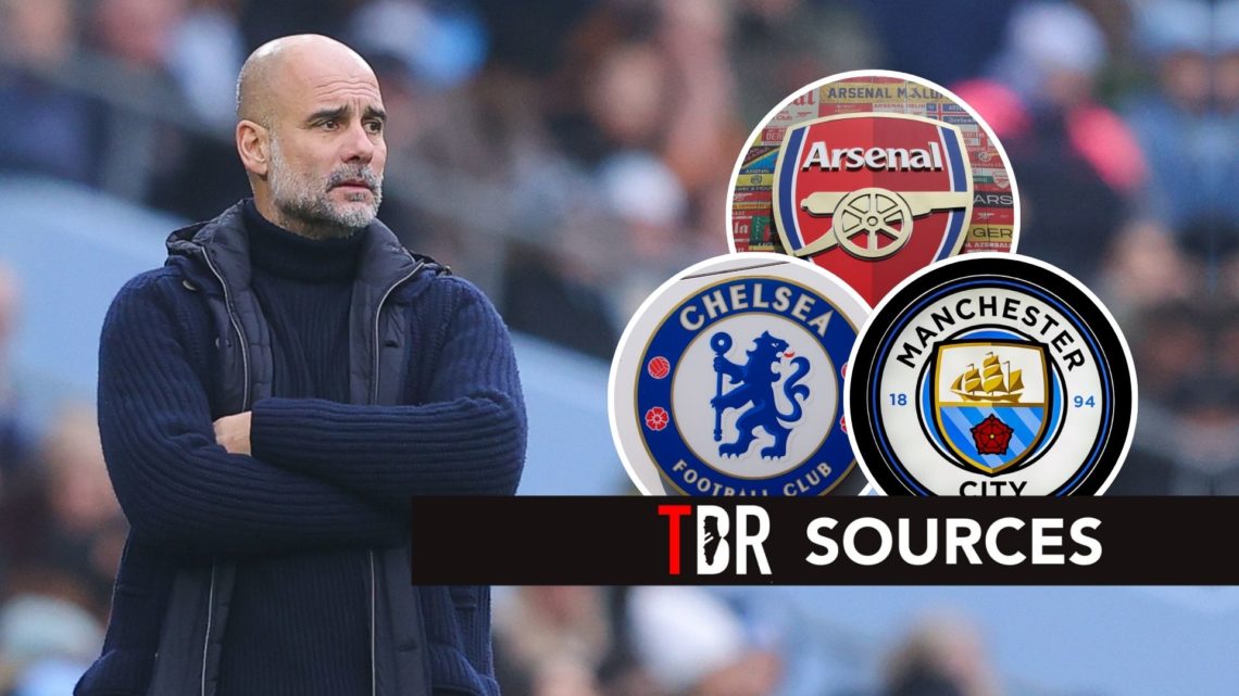 Pep Guardiola alongside three insets of Man City, Arsenal and Chelsea badges