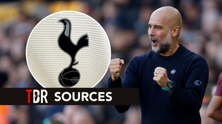 Pep Guardiola. Inset, Tottenham Hotspur badge.