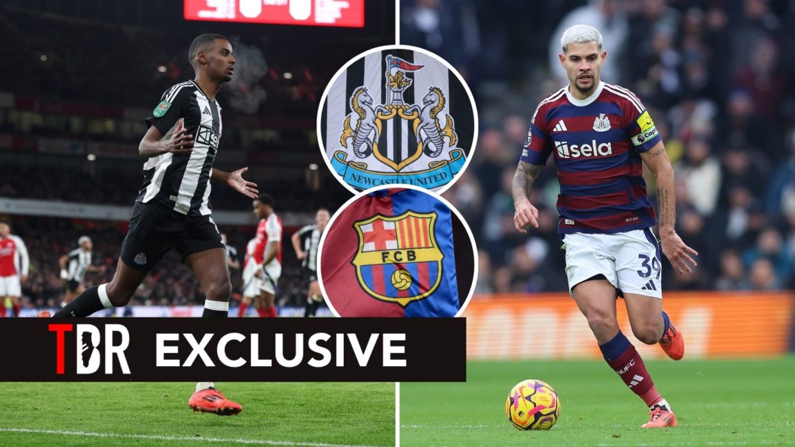 Alexander Isak and Bruno Guimaraes with insets of Barcelona and Newcastle United badges