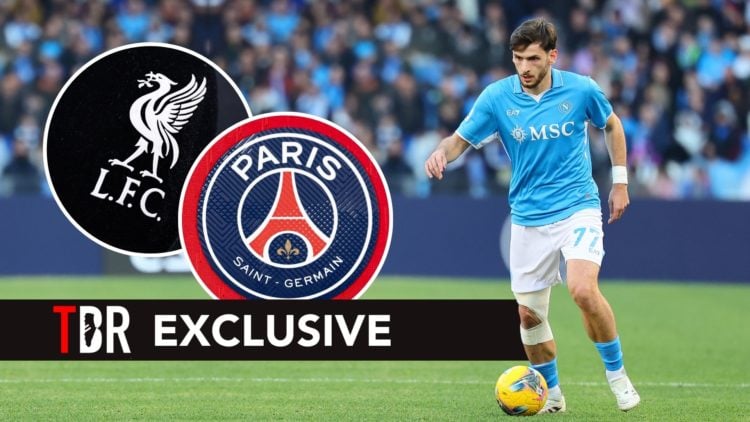Khvicha Kvaratskhelia with Liverpool and PSG badges