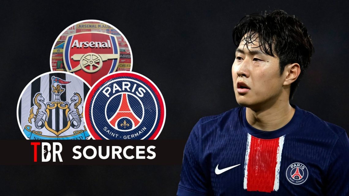 Lee Kang-in with PSG, Arsenal and Newcastle badges in circles