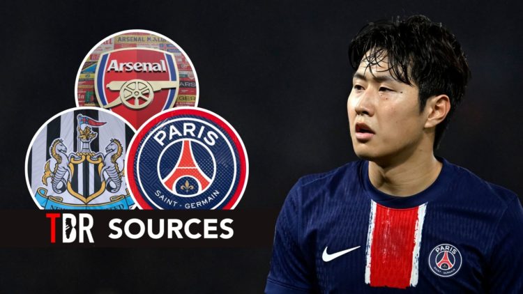 Lee Kang-in with PSG, Arsenal and Newcastle badges in circles