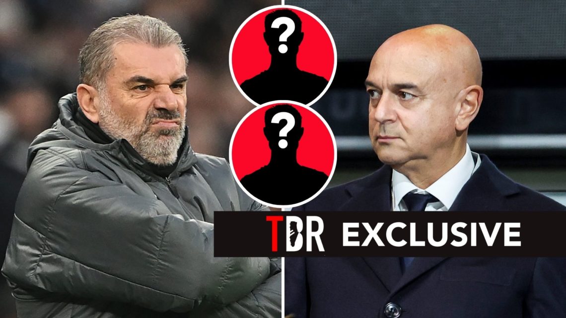 Ange Postecoglou and Daniel Levy. Inset, two question mark silhouettes.