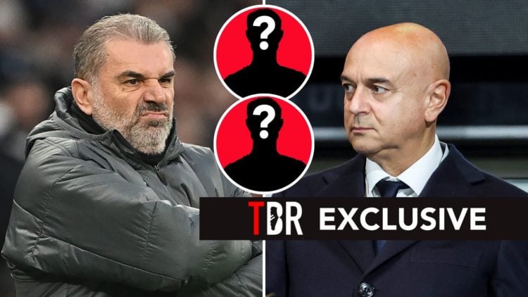 Ange Postecoglou and Daniel Levy. Inset, two question mark silhouettes.