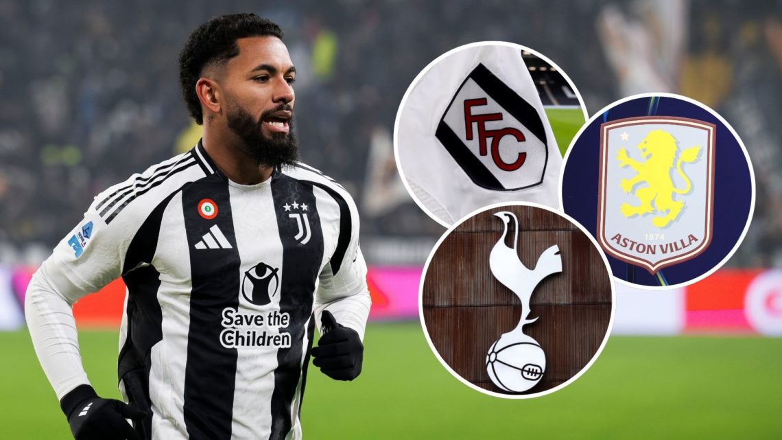 Douglas Luiz (at Juventus) alongside three insets of Tottenham, Fulham + Aston Villa badges