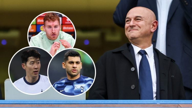 Tottenham C.E.O Daniel Levy during the Premier League match between Chelsea FC and Tottenham Hotspur. Inset, Dejan Kulusevski, Heung Min-Son, and C...