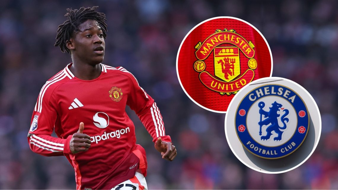 Kobbie Mainoo. Inset, Manchester United badge and a Chelsea badge.