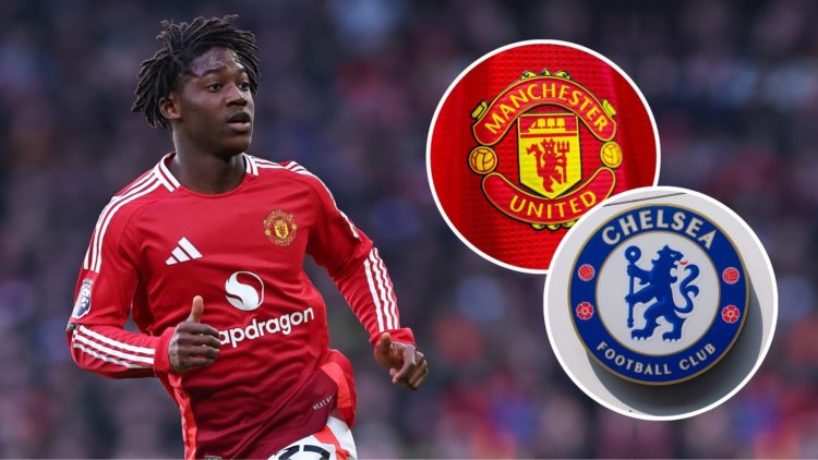 Kobbie Mainoo. Inset, Manchester United badge and a Chelsea badge.