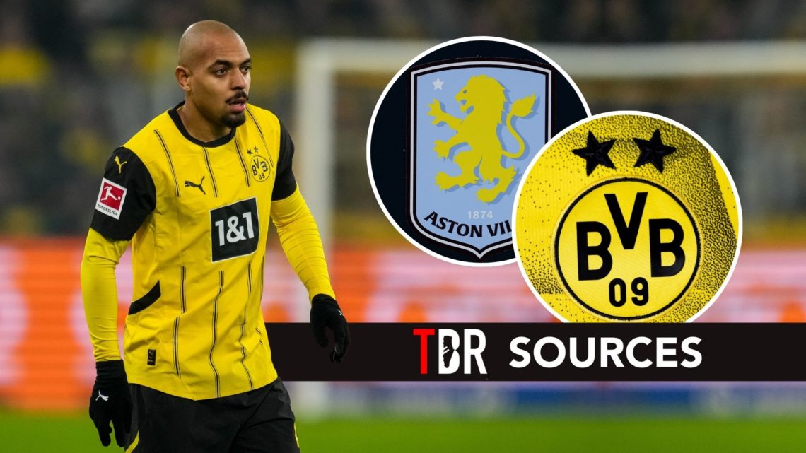 Donyell Malen with insets of Aston Villa and Borussia Dortmund badges