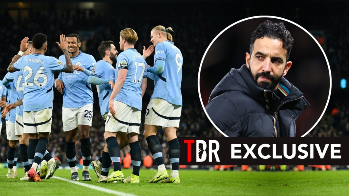 Manchester City players celebrate. Inset, Ruben Amorim looks dejected.
