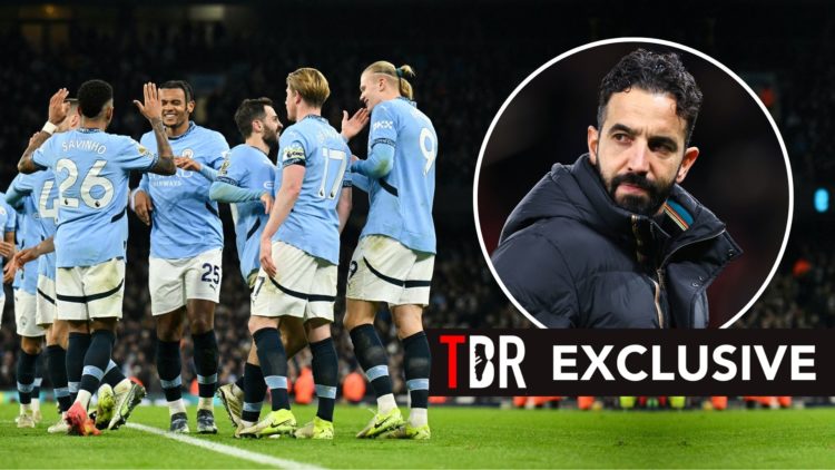 Manchester City players celebrate. Inset, Ruben Amorim looks dejected.