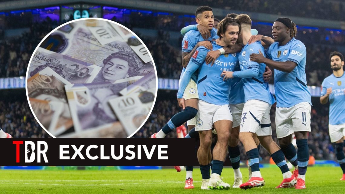 Manchester City players celebrate. Inset, British bank notes.