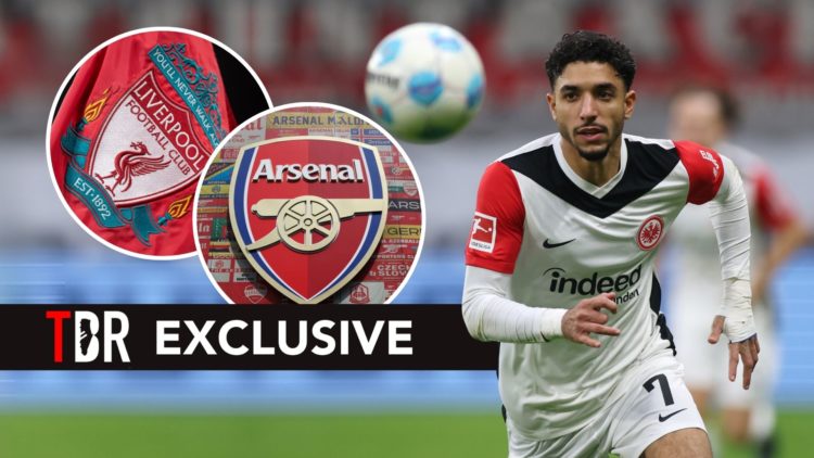 Omar Marmoush of Eintracht Frankfurt controls the ball during the Bundesliga match. Inset, Arsenal and Liverpool badges.