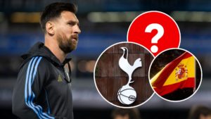 Lionel Messi. Inset, Tottenham badge, the flag of Spain, and a question mark.