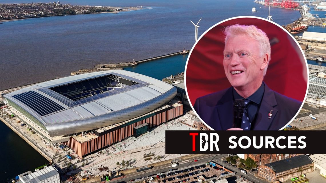 A general aerial view of Everton Stadium on Bramley-Moore Dock. Inset, David Moyes.