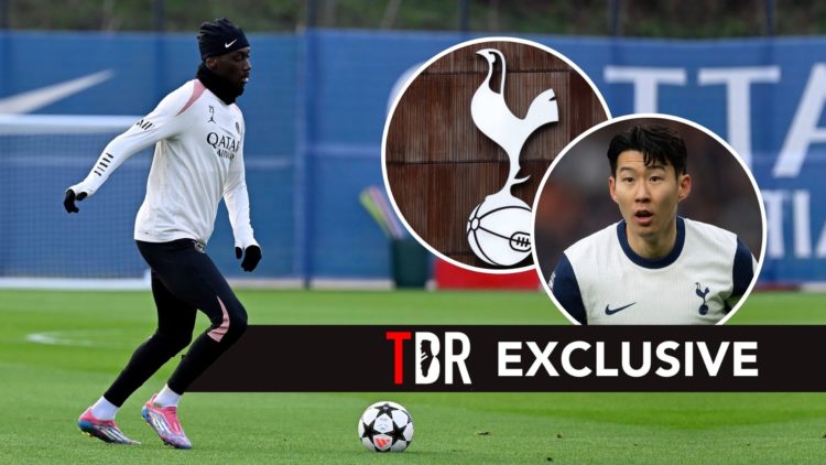 Randal Kolo Muani runs with the ball during a Paris Saint-Germain training session. Inset, the Tottenham badge and Heung-Min Son.