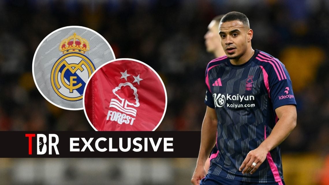 Murillo. Inset, Nottingham Forest and Real Madrid badges.