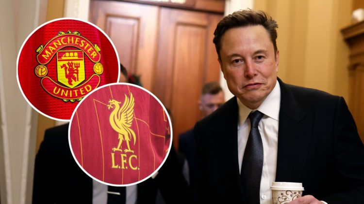 Elon Musk. Inset, Manchester United and Liverpool badges.