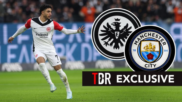 Omar Marmoush of Eintracht Frankfurt controls the ball during the Bundesliga match between Eintracht Frankfurt and FC Augsburg at Deutsche Bank Par...