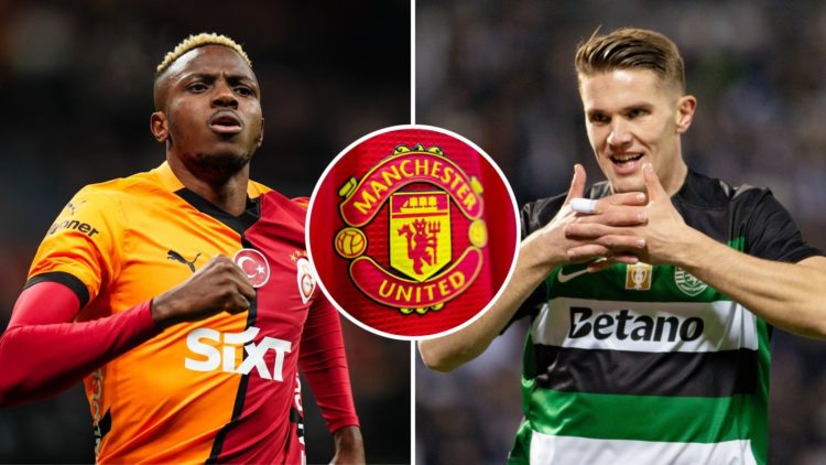 Victor Osimhen and Viktor Gyokeres. Inset, Manchester United badge.