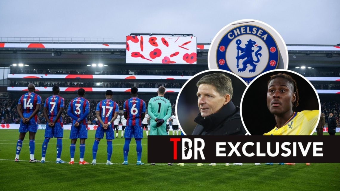 Crystal Palace playesr lined up. Inset, Oliver Glasner, Trevoh Chalobah, and the Chelsea badge.