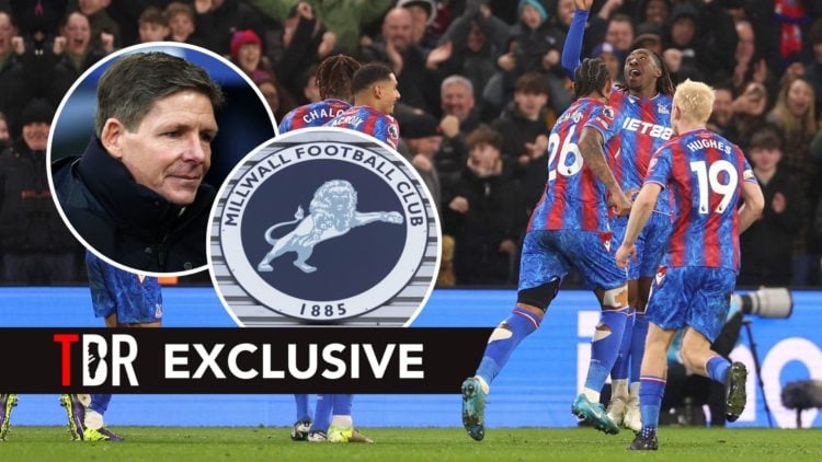 Crystal Palace players. Inset, Oliver Glasner and Millwall badge.