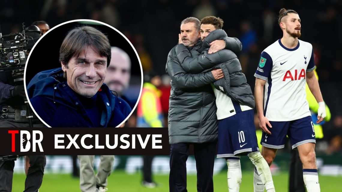 Ange Postecoglou with Tottenham players. Inset, Antonio Conte.