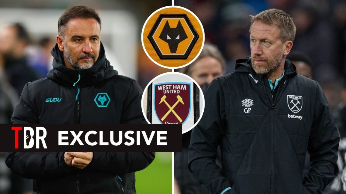 Split image of Vitor Pereira and Graham Potter. Inset, the West Ham and Wolverhampton Wanderers badges.