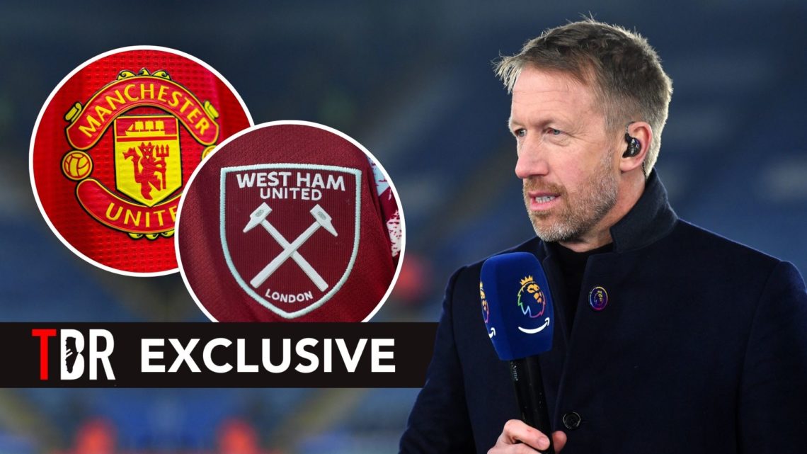 Graham Potter. Inset, West Ham and Man United badges.
