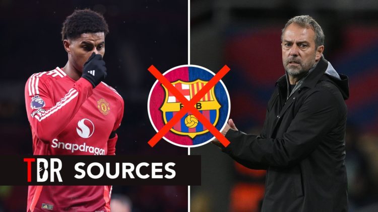 Marcus Rashford looking glum, Hansi Flick and the Barcelona badge in the middle with a cross on it