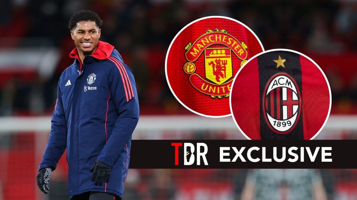 Marcus Rashford with insets of Manchester United and AC Milan badges
