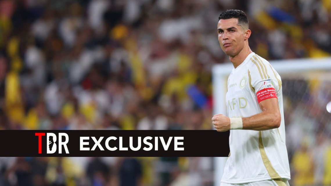 Cristiano Ronaldo of Al Nassr celebrates after scoring the first goal of his team during the Saudi Pro League match between Al-Ittihad v Al-Nassr a...