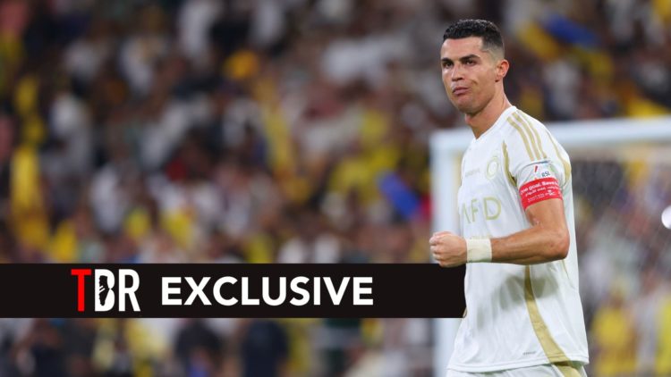 Cristiano Ronaldo of Al Nassr celebrates after scoring the first goal of his team during the Saudi Pro League match between Al-Ittihad v Al-Nassr a...