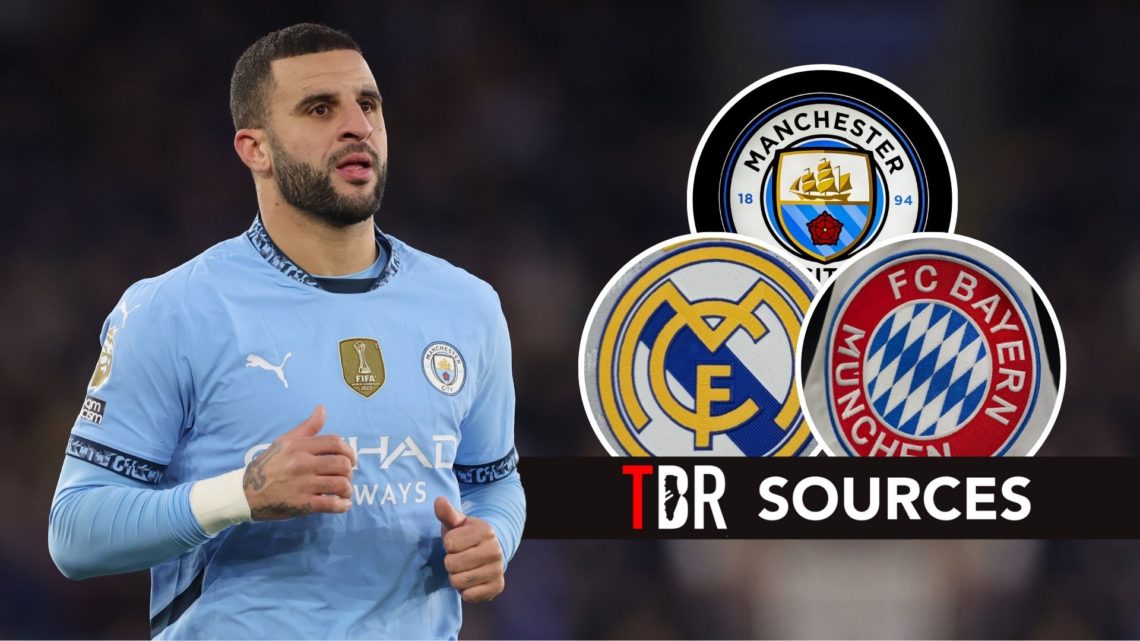 Kyle Walker with insets of Real Madrid, Bayern Munich and Manchester City badges