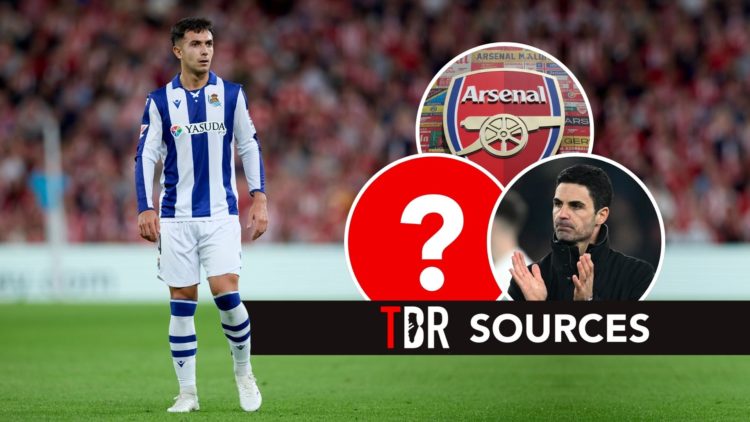 Martin Zubimendi of Real Sociedad. Inset, Mikel Arteta, a question mark, and the Arsenal badge.