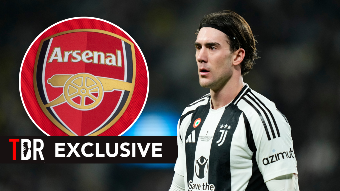 TBR exclusive of Dusan Vlahovic with an Arsenal badge as an inset